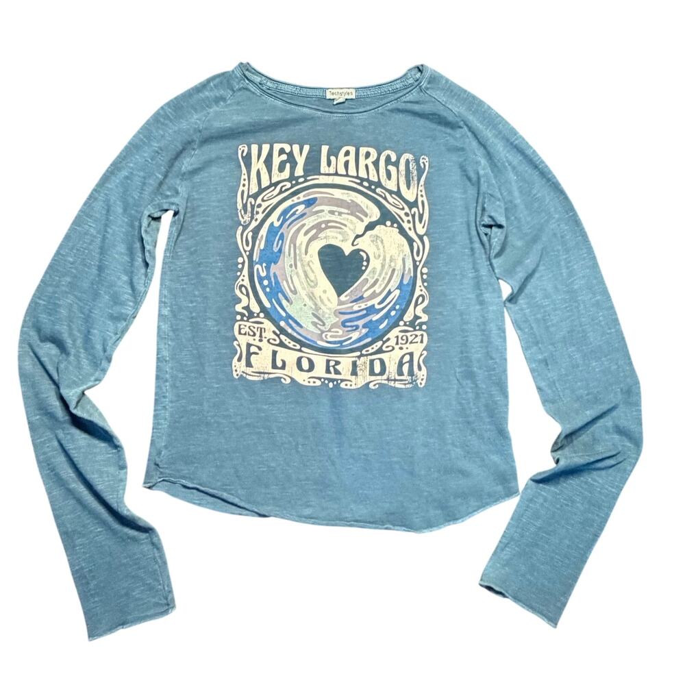 Techstyles Key Largo Florida Graphic Tee Large Blue Y2K Boho
